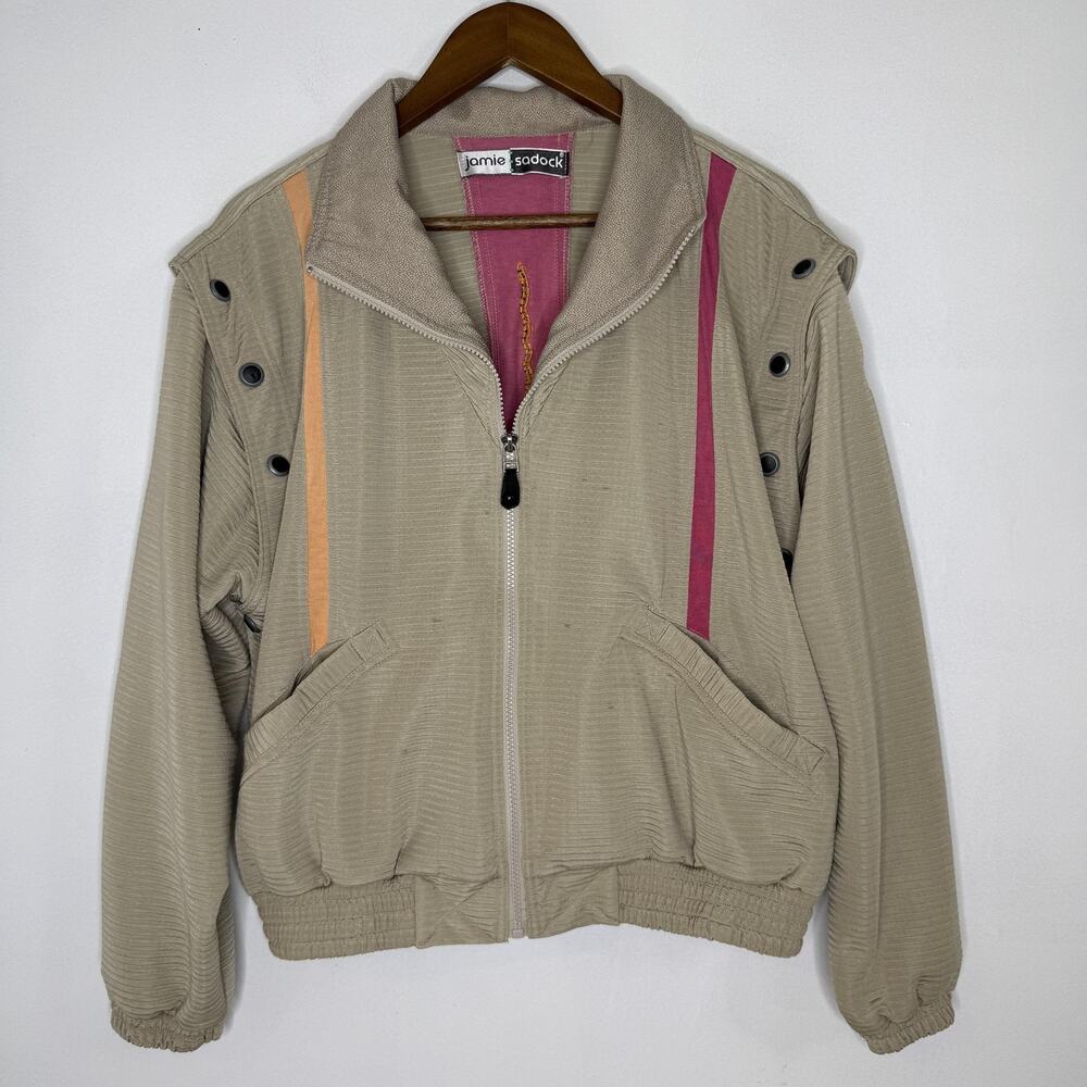 Jamie Sadock Jacket Womens Medium Beige Striped Full Zip Bomber Golf Sports